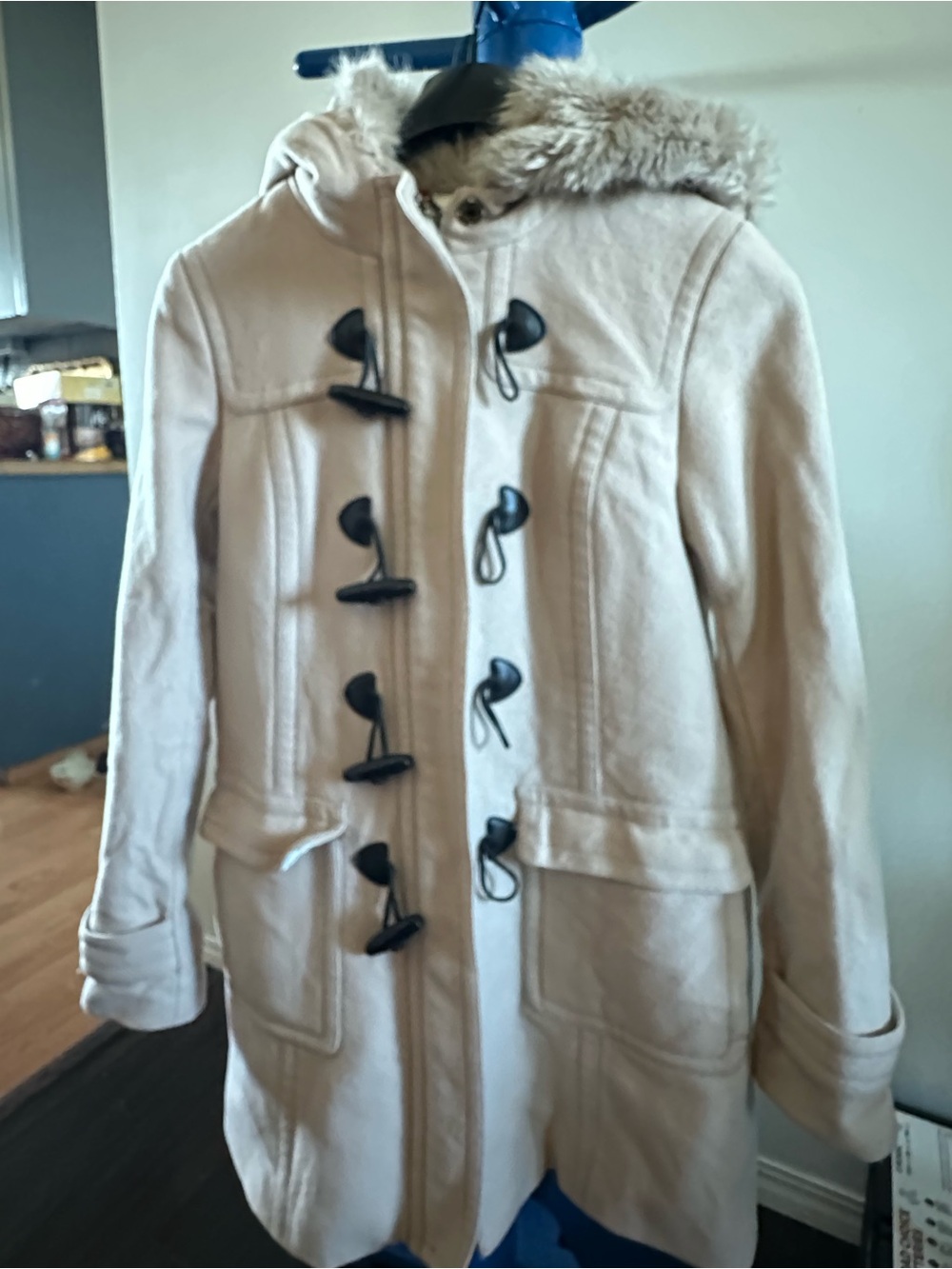 Samantha Thavasa Cream Toggle Pea Coat with Faux Fur Hood